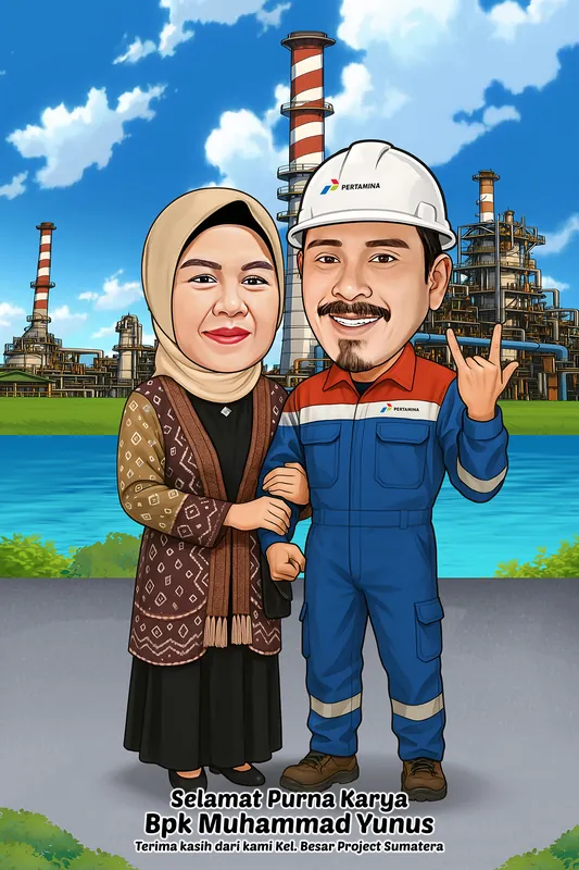 Karikatur seorang pekerja berbaju kerja biru dan berhelm putih mengacungkan tangan bersama istrinya yang berkebaya cokelat dan berhijab, dengan cerobong serta pipa kilang minyak memenuhi latar belakang