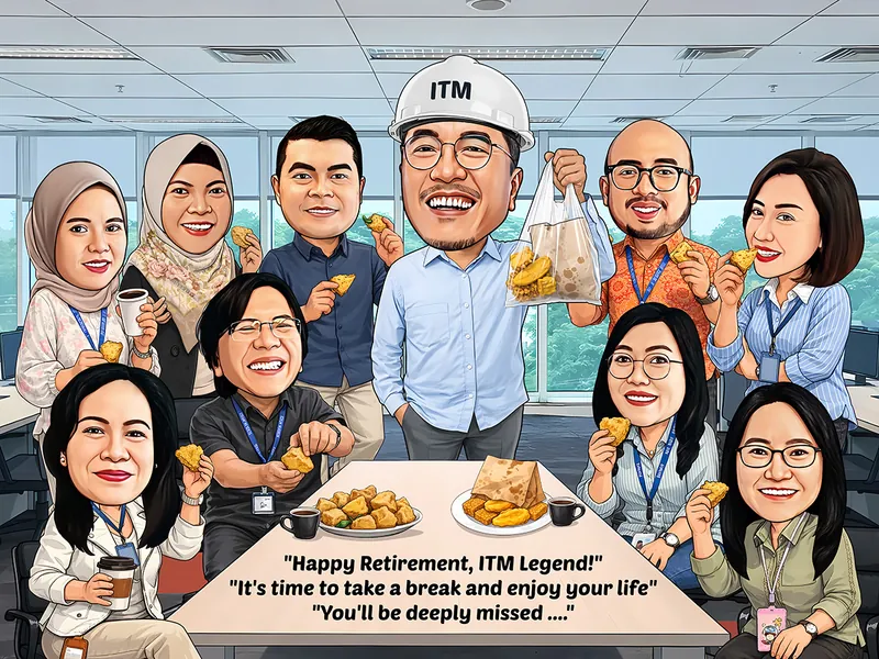 Karikatur sepuluh rekan kerja mengelilingi meja rapat sambil memegang gorengan, dengan satu orang berhelm proyek putih berdiri di tengah menenteng dua kantong plastik berisi gorengan