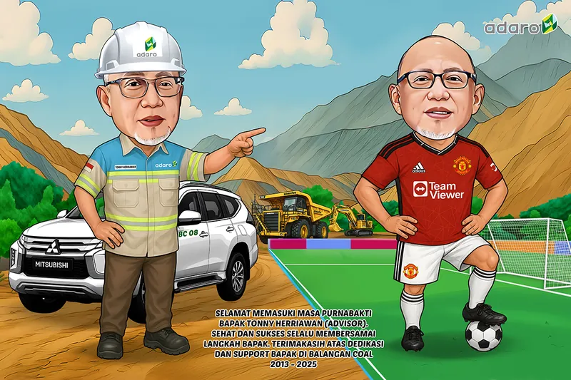 Karikatur dua sisi satu orang: di kiri berseragam tambang lengkap dengan helm putih dan mobil dinas di area pertambangan, di kanan berkostum bola merah putih menginjak bola di lapangan hijau