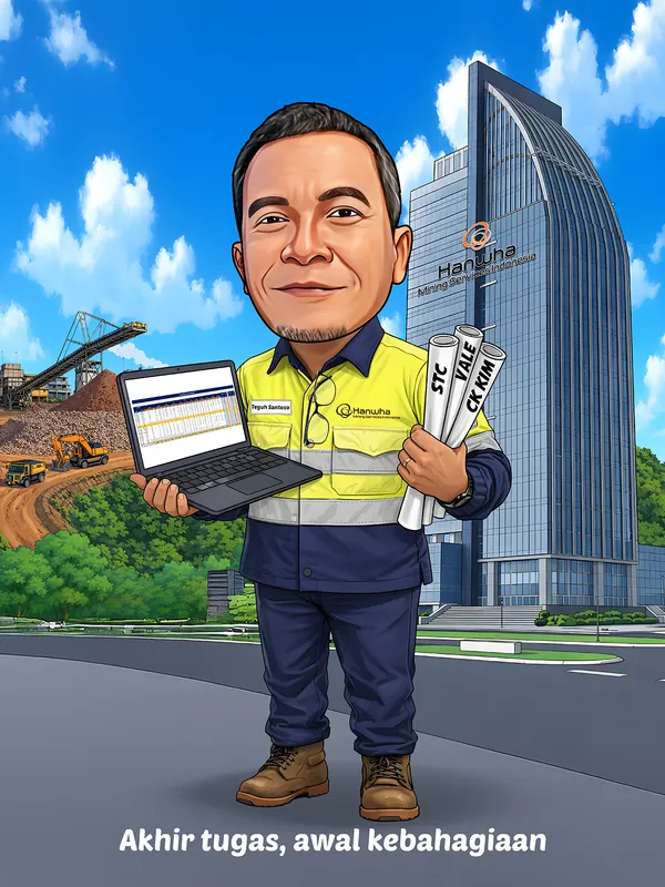 Karikatur seorang pria bernama Teguh Santoso mengenakan seragam kerja tambang berwarna kuning navy sambil membawa laptop dan tiga gulungan dokumen bertuliskan STC, VALE, dan CK KIM. Di belakangnya terdapat area pertambangan dengan alat berat serta gedung Hanwha Mining Services Indonesia. Di bagian bawah terdapat tulisan Akhir tugas, awal kebahagiaan.