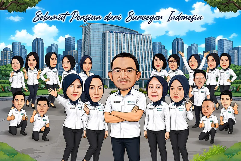 Karikatur sekitar dua puluh karyawan berkemeja putih berlogo perusahaan berdiri berkelompok di halaman, dengan yang dilepas bersedekap di tengah dan menara kantor berlapis kaca menjulang di belakang