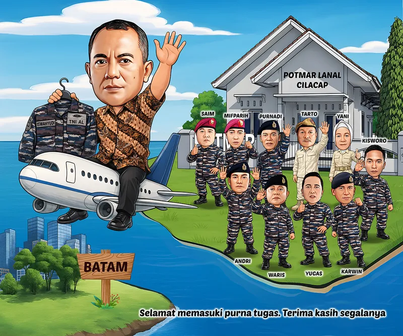 Karikatur pria berbatik cokelat duduk di atas badan pesawat kecil sambil melambaikan tangan dan menggantung seragam loreng TNI AL di jari lainnya, terbang meninggalkan sepuluh rekan berseragam loreng yang berdiri di halaman markas bertuliskan nama kesatuan sambil melambai balik.