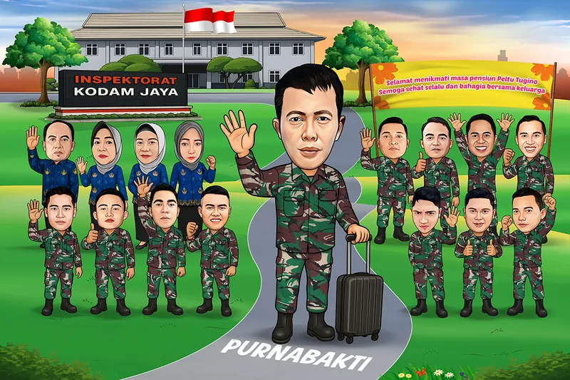 Karikatur seorang prajurit berseragam loreng menyeret koper hitam berjalan di jalan setapak bertuliskan purnabakti, diapit dua belas rekan kerja yang berdiri melambai di kedua sisi rerumputan, dengan latar gedung markas inspektorat kodam dan spanduk kuning ucapan selamat pensiun.