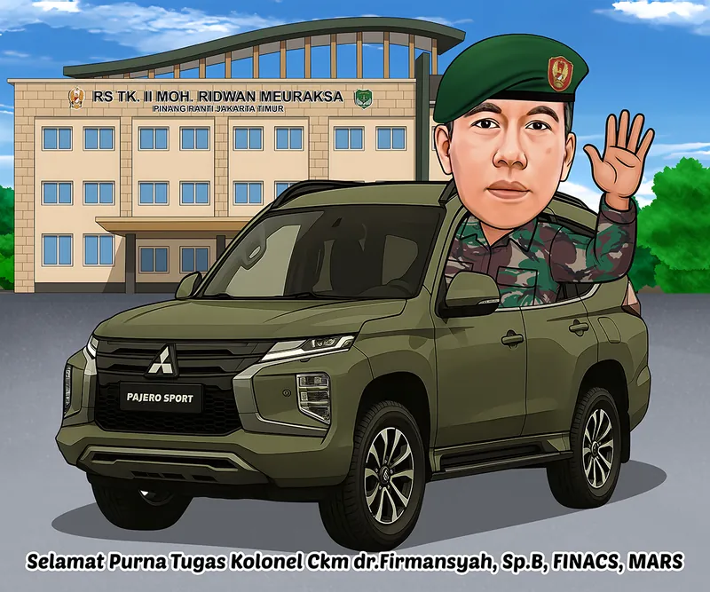 Karikatur pria berbaret hijau dan berseragam loreng melambaikan tangan dari balik kemudi mobil sport utility hijau militer, dengan latar gedung rumah sakit tentara bertingkat tiga bertuliskan nama rumah sakit dan lambang kesehatan militer di fasad depan.
