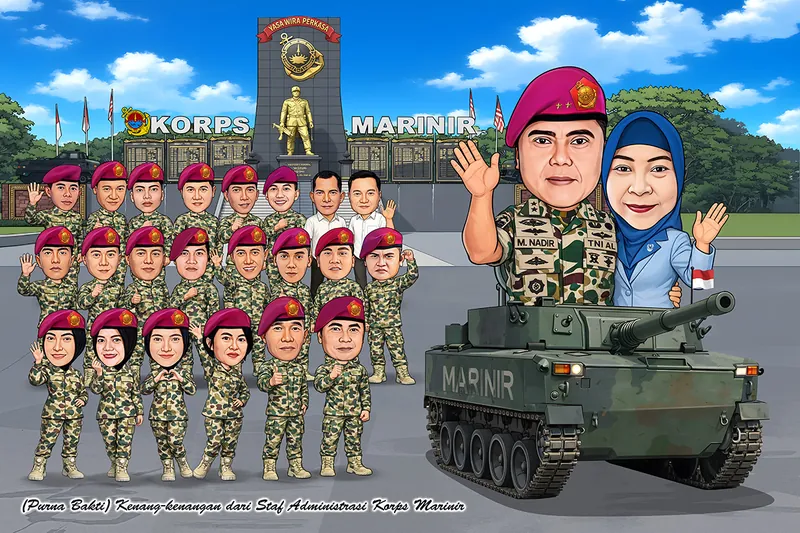 Karikatur perwira berbaret merah marun bersama istri berbusana biru muda berdiri di atas tank amfibi bertulisan marinir, dengan dua puluh satu prajurit berbaret merah marun berbaris di depan tugu korps