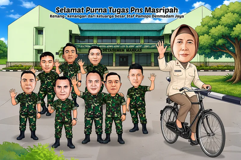 Karikatur seorang pegawai perempuan berhijab dan berseragam dinas krem mengendarai sepeda tua sambil melambai, dengan sembilan prajurit berseragam loreng melambai balik di depan gedung detasemen markas