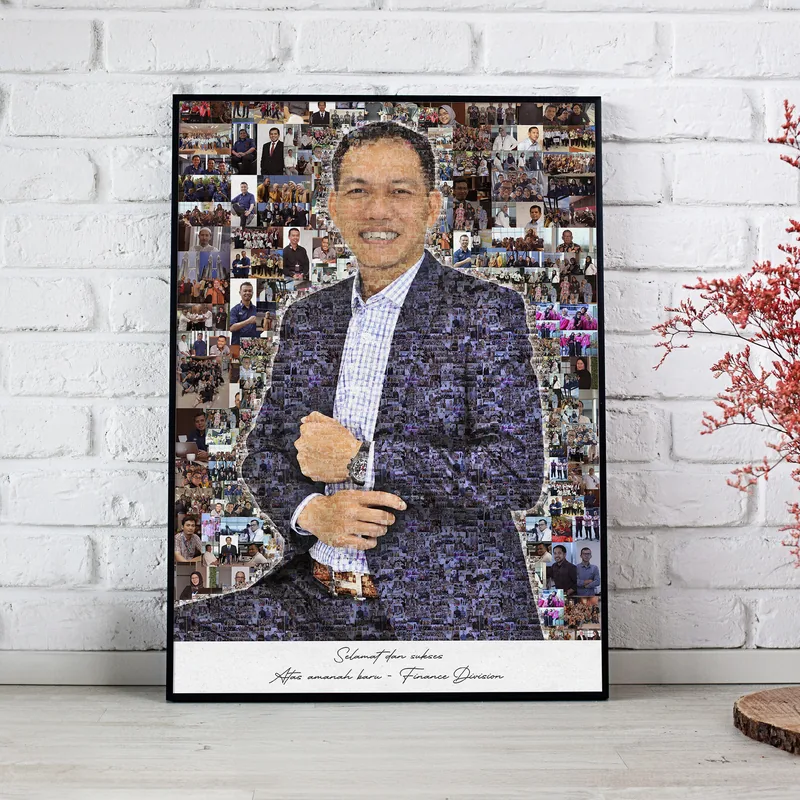 Mozaik foto berbingkai hitam menampilkan pria berjas gelap tersenyum, tersusun dari ratusan foto kegiatan kantor, dengan ucapan selamat atas amanah baru tertulis di bagian bawah