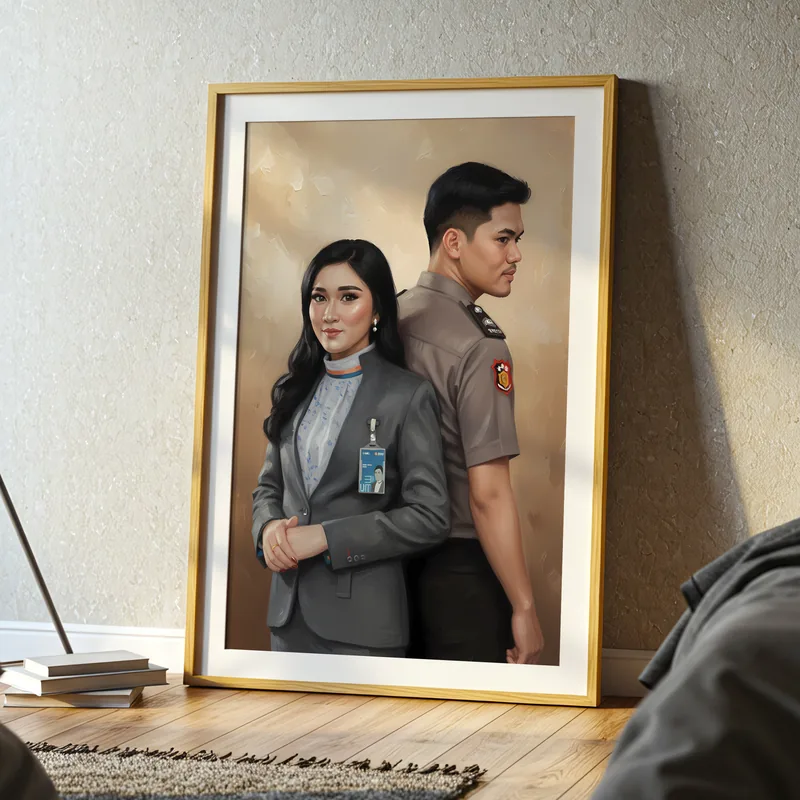 Lukisan digital bergaya cat minyak sepasang muda-mudi berdiri saling membelakangi, yang perempuan berjas kantor bertanda pengenal dan yang pria berseragam polisi, dalam bingkai kayu di ruangan berlantai kayu
