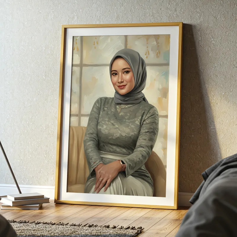 Lukisan digital bergaya cat minyak seorang perempuan berhijab abu-abu duduk di kursi, dalam bingkai kayu keemasan berpaspartu putih, bersandar di dinding berlantai kayu