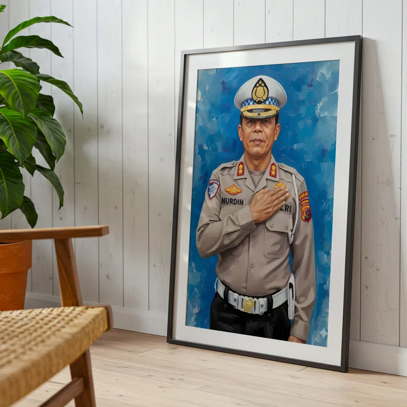 Lukisan digital bergaya cat minyak seorang perwira polisi bertopi pet putih dengan tangan di dada, berlatar biru, dalam bingkai hitam bersandar di dinding papan putih