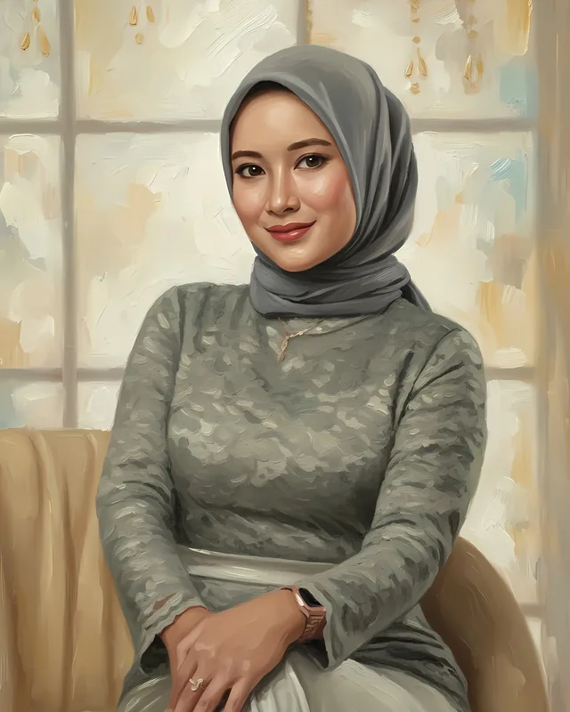 Lukisan digital bergaya cat minyak seorang perempuan berhijab abu-abu dan berkebaya renda duduk di kursi berlengan, berlatar jendela dengan sapuan kuas krem dan kuning