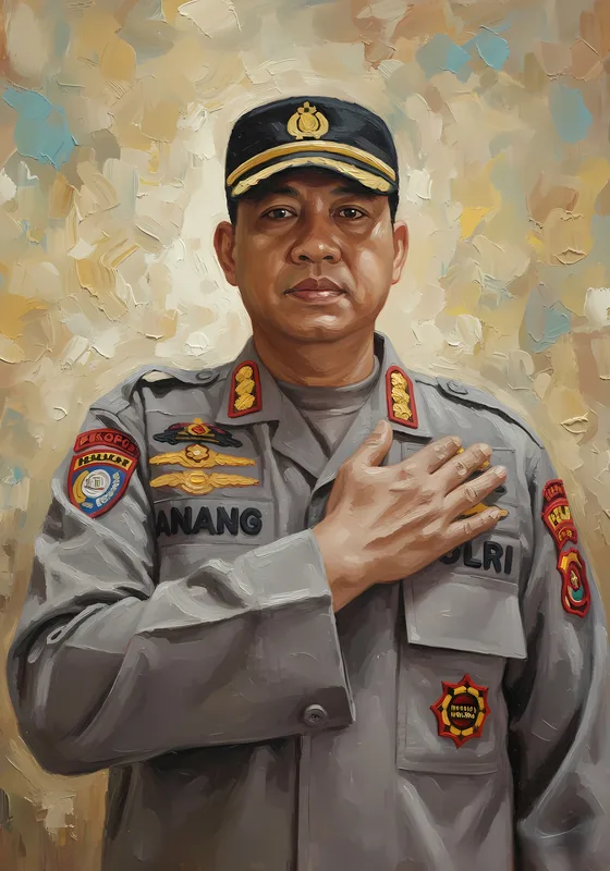 Lukisan digital bergaya cat minyak menampilkan seorang perwira polisi berseragam abu-abu dan bertopi pet, dengan tangan kanan di dada, berlatar sapuan kuas krem dan biru