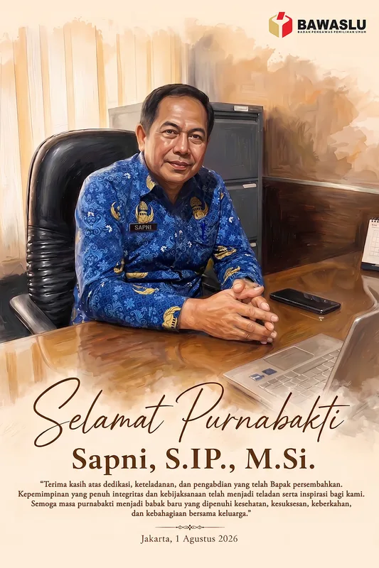 Lukisan digital bergaya cat minyak seorang pejabat berbatik biru duduk di meja kerja bersama laptop, dengan ucapan selamat purnabakti dan nama lengkapnya tertulis besar di bagian bawah