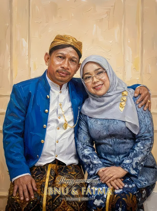 Lukisan digital bergaya cat minyak sepasang suami istri berbusana adat Jawa, yang pria berbeskap biru dan berblangkon emas, yang perempuan berkebaya biru dan berhijab, dengan ucapan ulang tahun pernikahan di bagian bawah