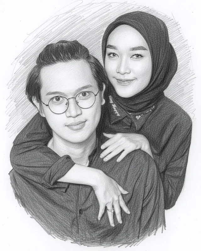Sketsa pensil hitam putih dua orang berangkulan, yang di depan berkacamata bulat dan yang di belakang berhijab gelap, dengan latar arsiran melingkar