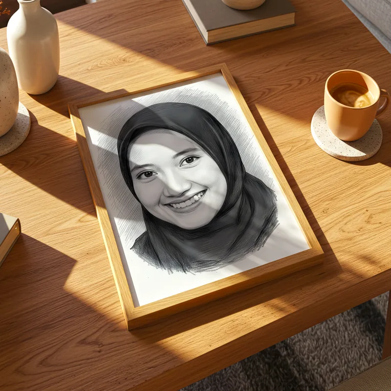 Sketsa pensil hitam putih potret perempuan berhijab dalam bingkai, diletakkan di atas meja kayu bersama cangkir dan vas kecil