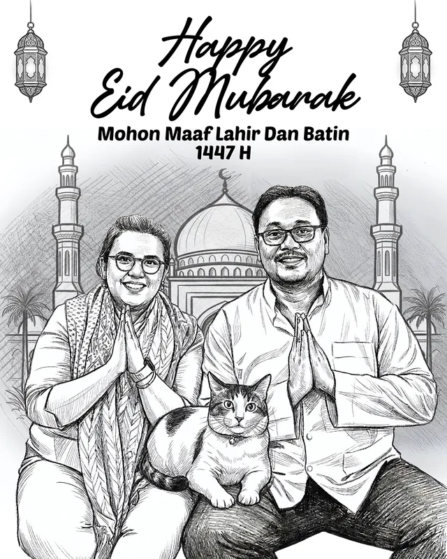 Sketsa pensil hitam putih sepasang suami istri berkacamata duduk bersila sambil menangkupkan tangan, dengan seekor kucing di pangkuan dan siluet masjid berkubah di belakang