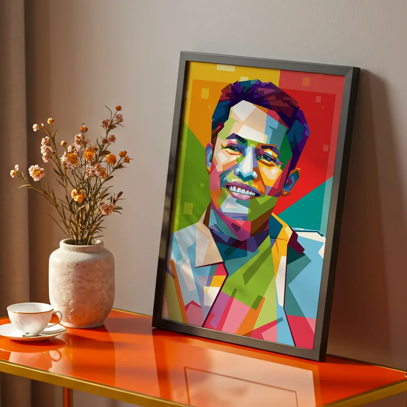 Lukisan WPAP potret pria tersenyum dalam bingkai hitam tipis, bersandar di meja konsol oranye bersama vas bunga kering dan cangkir kopi