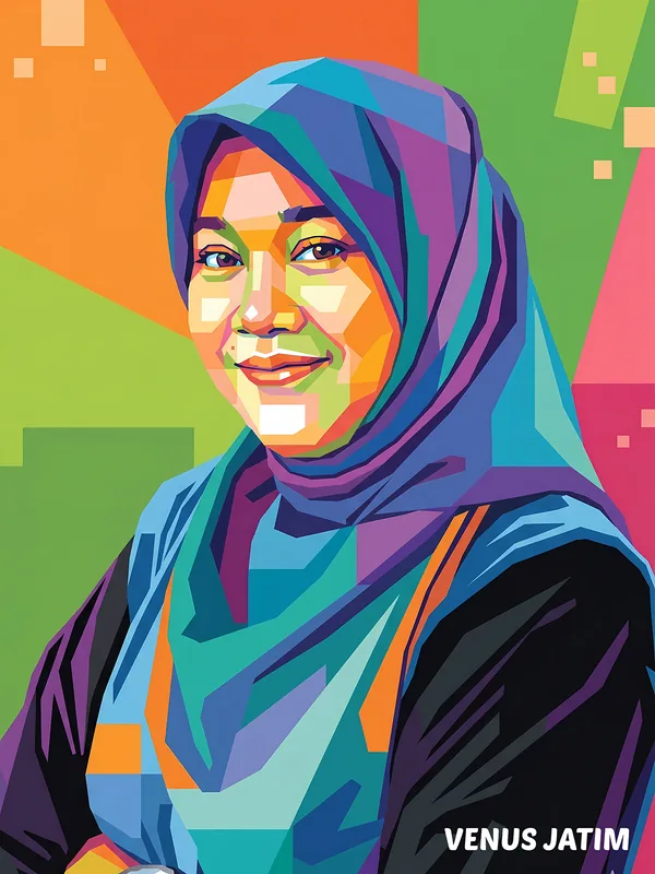Lukisan WPAP potret perempuan berhijab biru keunguan mengenakan blazer hitam, tersenyum menghadap kamera, dengan latar bidang oranye dan hijau
