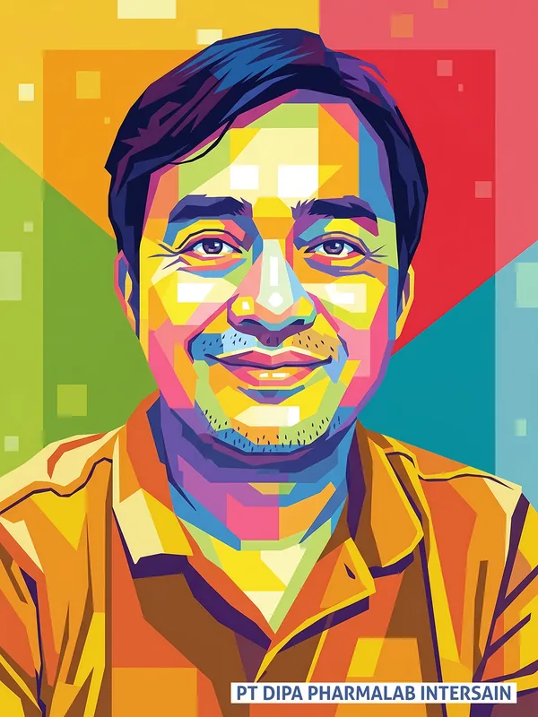 Lukisan WPAP potret pria berkumis mengenakan kemeja kuning oranye, tersenyum lebar, dengan latar bidang warna hijau, merah, dan biru