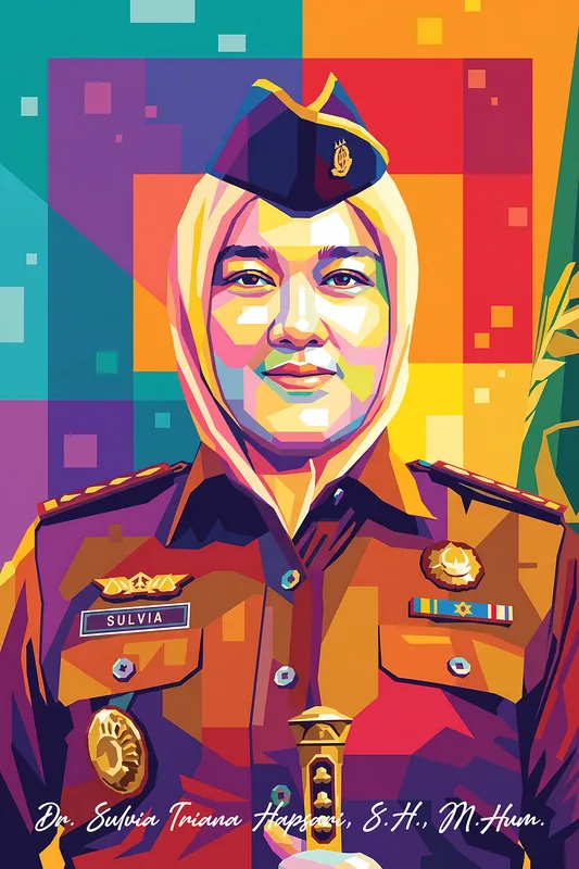 Lukisan WPAP potret pejabat perempuan berhijab krem dan bertopi pet dinas kejaksaan, seragam cokelat berlencana emas dan pita jasa, dengan latar bidang warna ungu, merah, dan kuning