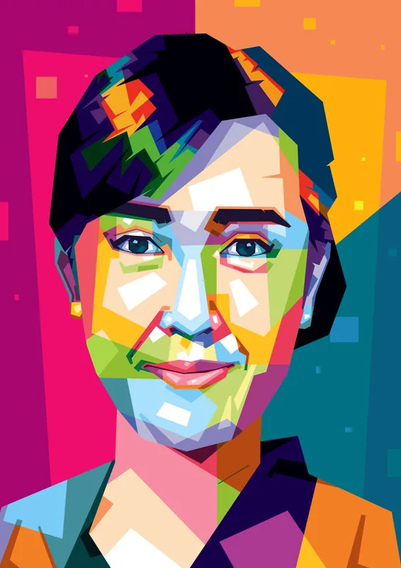 Lukisan WPAP potret perempuan berambut hitam pendek dengan latar bidang merah muda dan jingga, wajahnya dipecah jadi bidang hijau, biru, dan krem