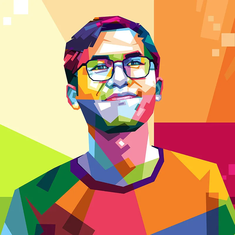 Lukisan WPAP potret pria berkacamata hitam dan berjanggut tipis, mengenakan kaus berkerah, dengan latar bidang krem, jingga, dan hijau muda