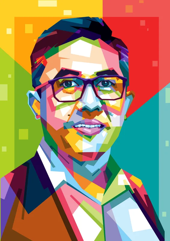 Lukisan WPAP potret pria berkacamata bingkai ungu mengenakan jas gelap dan kemeja putih, dengan latar bidang kuning, merah, dan toska