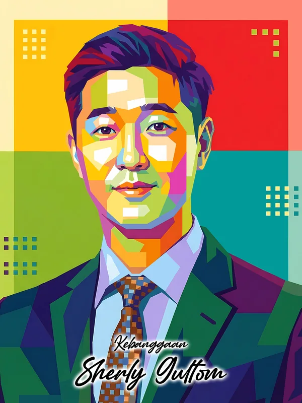 Lukisan WPAP potret pria muda berjas hijau tua dan berdasi kotak-kotak, dengan tulisan ucapan bertinta putih di bagian bawah karya
