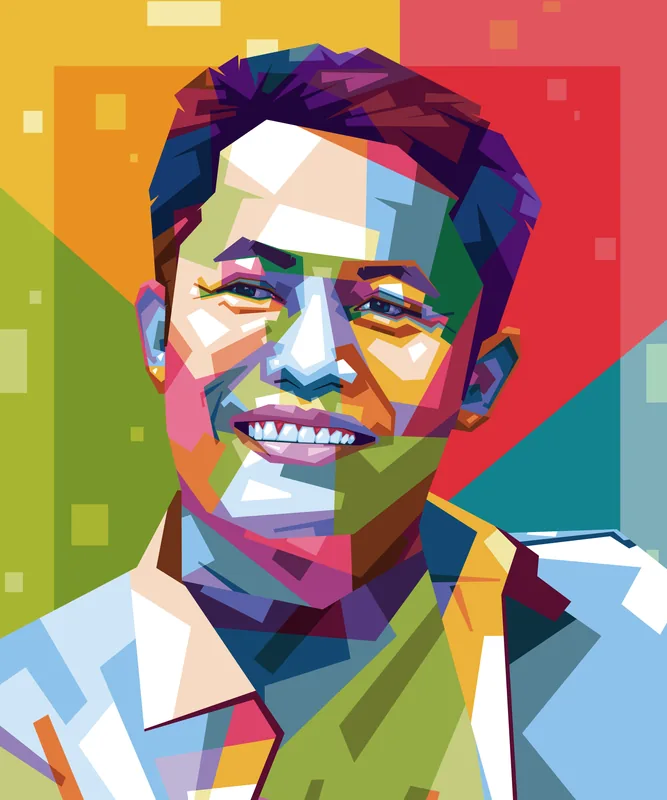 Lukisan WPAP potret pria tersenyum mengenakan kemeja biru muda, wajahnya dipecah jadi bidang hijau, merah muda, dan biru dengan latar kuning dan merah