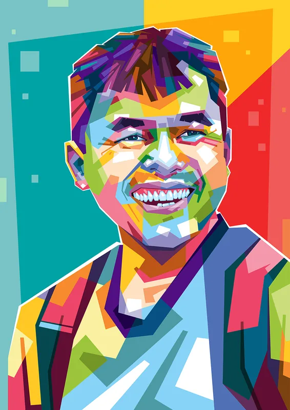 Lukisan WPAP potret pria paruh baya tertawa lebar mengenakan kemeja biru muda, dengan latar bidang toska, kuning, dan merah