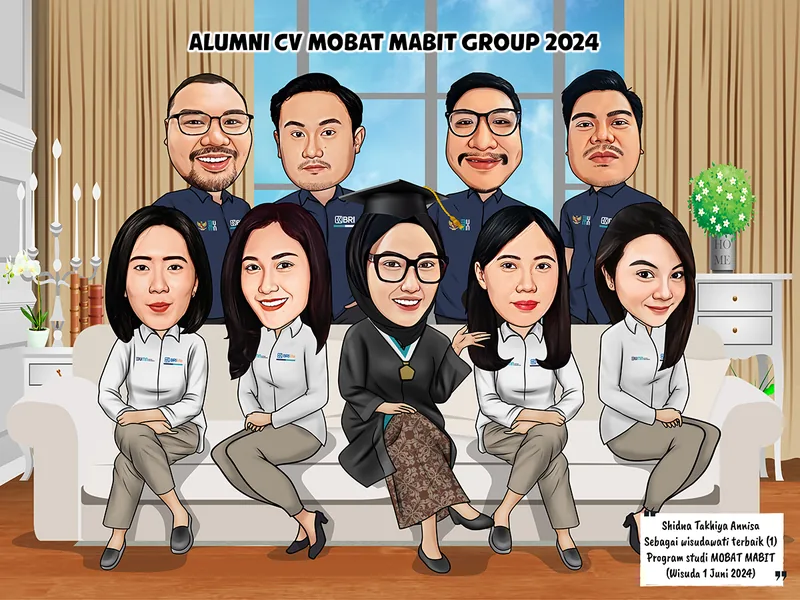 Karikatur sembilan rekan kerja di ruang tamu berdinding krem, empat pria berseragam biru tua berdiri di belakang dan lima perempuan berkemeja putih duduk di sofa putih, yang di tengah berhijab gelap dan memakai topi toga