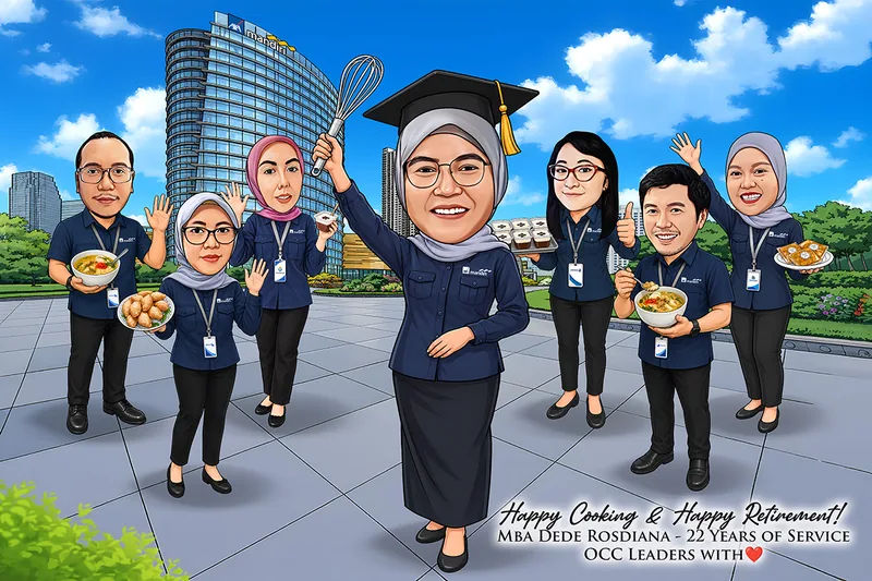 Karikatur tujuh pekerja berseragam biru tua berdiri di pelataran gedung bank bertingkat, yang di tengah berhijab abu dan memakai topi toga sambil mengangkat pengocok adonan, enam rekannya membawa mangkuk soto, piring gorengan, dan cup dessert