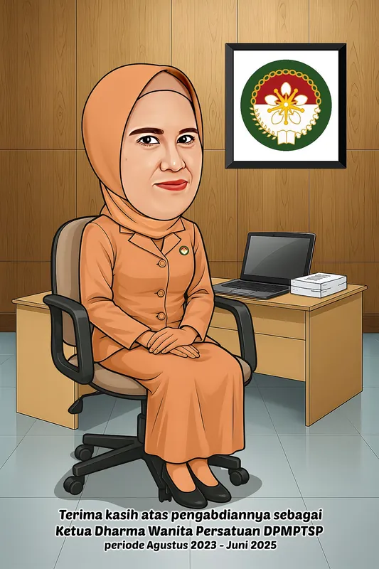 Karikatur seorang wanita berhijab mengenakan seragam organisasi berwarna oranye sedang duduk rapi di kursi kerja di dalam ruangan kantor. Kedua tangan diletakkan di pangkuan dengan ekspresi tenang dan ramah. Di belakangnya terdapat meja kerja dengan laptop dan dokumen, dinding panel kayu, serta sebuah lambang organisasi yang dipajang dalam bingkai. Pada bagian bawah terdapat ucapan terima kasih atas pengabdiannya sebagai Ketua Dharma Wanita Persatuan DPMPTSP periode Agustus 2023 hingga Juni 2025.