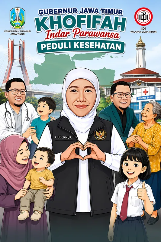 Karikatur seorang wanita berhijab putih mengenakan rompi hitam bertuliskan Gubernur berdiri sebagai tokoh utama sambil membentuk gestur hati dengan kedua tangan. Di sekelilingnya terdapat dokter, anak-anak, ibu dengan balita, seorang pria, lansia, dan siswi sekolah. Latar menampilkan ikon Jawa Timur seperti Jembatan Suramadu, gedung pemerintahan, rumah sakit, serta tulisan Gubernur Jawa Timur Khofifah Indar Parawansa Peduli Kesehatan dan logo IDI Wilayah Jawa Timur.