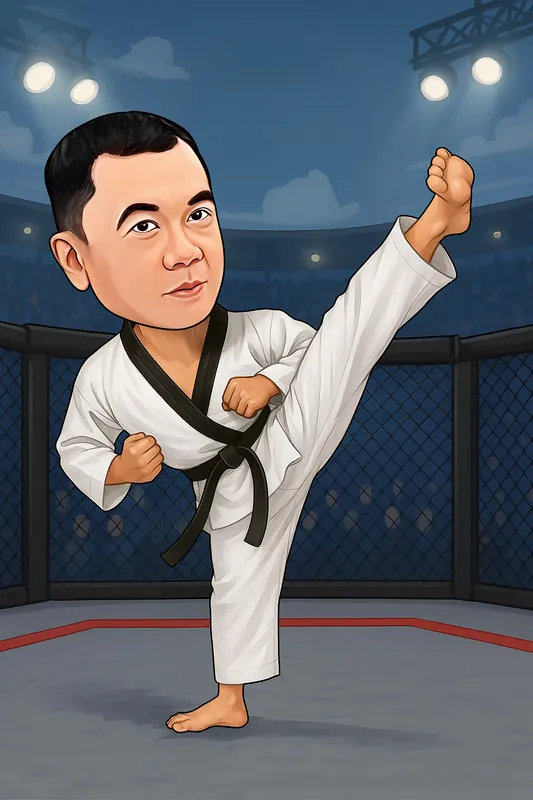 Karikatur pria berseragam bela diri putih dengan sabuk hitam melayangkan tendangan tinggi ke udara, mengepalkan kedua tangan di depan dada, dengan latar arena bertanding berpagar jaring dan sorot lampu panggung di tengah kerumunan penonton.