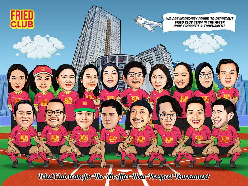 Karikatur tujuh belas rekan kerja berseragam olahraga merah muda bertuliskan nama klub yang sama, berpose dua baris dengan barisan depan berjongkok dan barisan belakang berdiri, dengan latar gedung pencakar langit dan sebuah pesawat kecil melintas di langit.