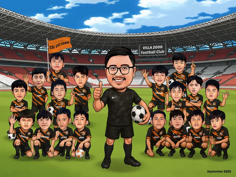 Karikatur seorang pelatih berkaus hitam memegang bola sambil mengacungkan jempol, dikelilingi delapan belas pemain anak berkaus oranye hitam dalam tiga baris di lapangan stadion besar