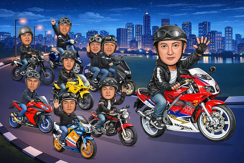 Karikatur sepuluh pria mengendarai berbagai jenis sepeda motor sport berwarna merah, kuning, biru, dan oranye, berhelm bulat dengan kacamata pelindung terangkat, satu orang berjaket putih di sisi kanan menjadi sorotan utama dengan motor sport merah putih biru, dengan latar jalan tepi danau dan gedung pencakar langit menyala di malam hari.