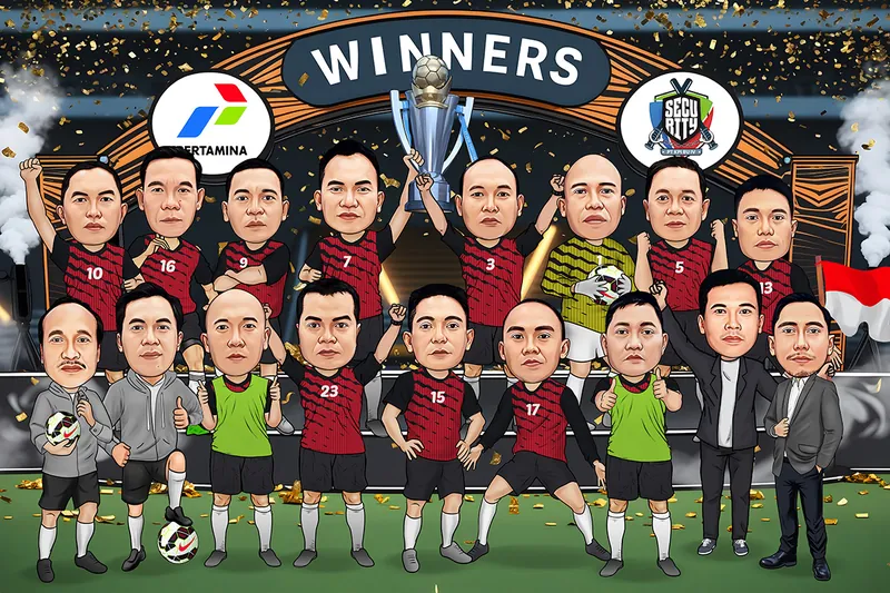 Karikatur satu tim sepak bola beranggotakan lebih dari selusin orang berseragam merah bergaris dan kiper berkaus hijau, berpose merayakan kemenangan dengan piala terangkat di tengah barisan dan confetti emas beterbangan di sekeliling mereka.