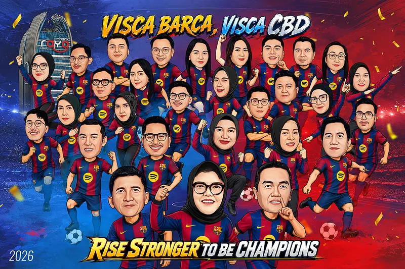 Karikatur lebih dari dua puluh rekan kerja berseragam jersey merah biru bergaris klub sepak bola Spanyol, sebagian besar mengepalkan tangan dengan pose penuh semangat, disusun bertingkat memenuhi bingkai, dengan latar gedung menara bank di sisi kiri dan efek confetti emas beterbangan.