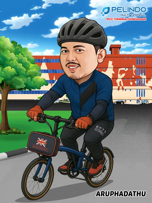 Karikatur seorang pria berjersey sepeda biru dan berhelm sedang mengayuh sepeda lipat, melintas di jalan depan gedung terminal kendaraan pelabuhan berwarna merah bata