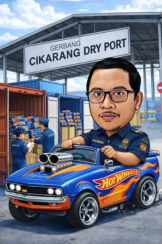 Karikatur pria berkacamata dan berseragam biru dongker bea cukai duduk di atas mobil mainan raksasa bergaya balap berwarna biru oranye lengkap dengan mesin supercharger ganda mencuat dari kap depan, dengan latar gerbang pelabuhan darat dan dua rekan memeriksa tumpukan kardus mainan di dalam kontainer.