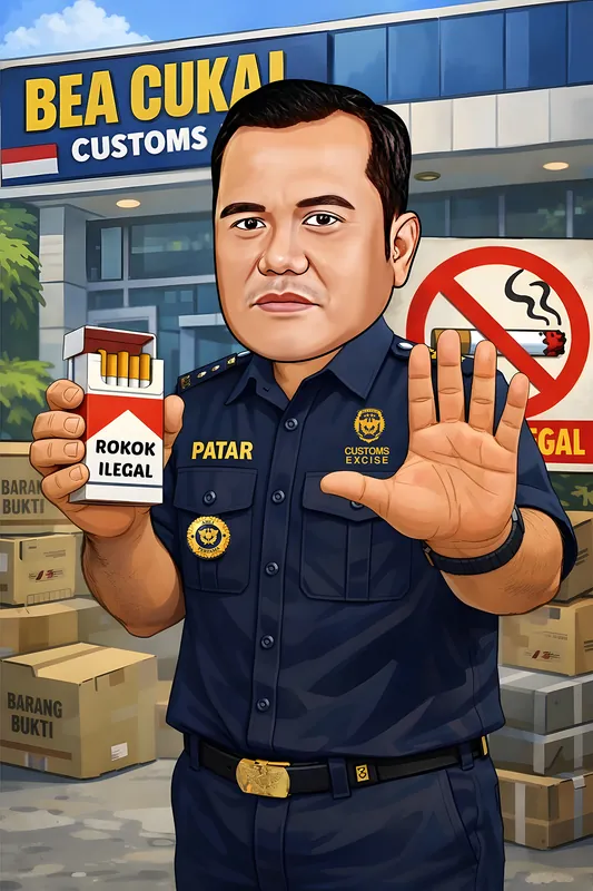 Karikatur pria berseragam biru dongker bea cukai memegang sebungkus rokok bertuliskan rokok ilegal sambil mengangkat telapak tangan lainnya seperti isyarat berhenti, dengan latar gedung kantor bea cukai dan tumpukan kardus barang bukti di kedua sisi.