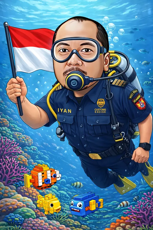 Karikatur pria berseragam biru dongker bea cukai lengkap dengan kacamata selam dan tabung oksigen menyelam sambil memegang bendera merah putih, dikelilingi terumbu karang berwarna-warni dan tiga ikan mainan bergaya balok susun di dasar laut.