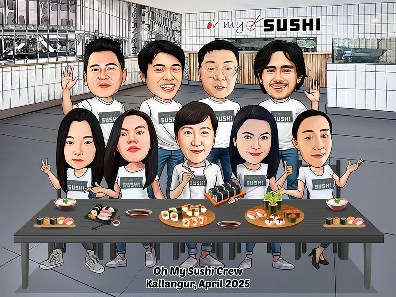 Karikatur sembilan rekan kerja berseragam kaus putih bertuliskan nama restoran sushi, empat orang berdiri melambai di belakang dan lima duduk di meja panjang penuh hidangan sushi beraneka warna, satu di antaranya memegang sumpit menjepit gulungan sushi, dengan latar interior restoran modern bernuansa putih.