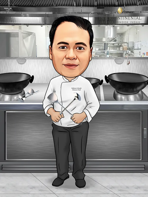 Karikatur seorang chef berseragam putih memegang sodet dan sendok sayur bersilang, berdiri di dapur profesional hotel dengan tiga wajan besar dan lemari baja tahan karat di belakangnya