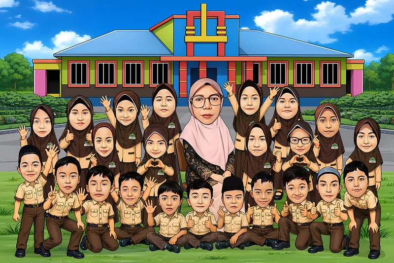 Karikatur seorang guru wanita berhijab bersama para murid laki-laki dan perempuan berpose bersama di halaman sekolah. Guru berada di tengah sebagai tokoh utama, dikelilingi para siswa yang mengenakan seragam sekolah bernuansa cokelat dan krem. Para murid menampilkan berbagai pose ceria seperti melambaikan tangan, memberikan jempol, membentuk simbol hati, dan tersenyum. Latar belakang menampilkan gedung sekolah berwarna cerah, taman hijau, pepohonan, serta langit biru berawan.