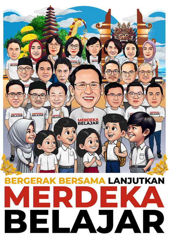 Karikatur lebih dari dua puluh pejabat berkaus putih bersama enam anak berseragam sekolah dasar, berlatar pura, gapura, dan ornamen daerah, dengan tulisan besar nama program di bagian bawah