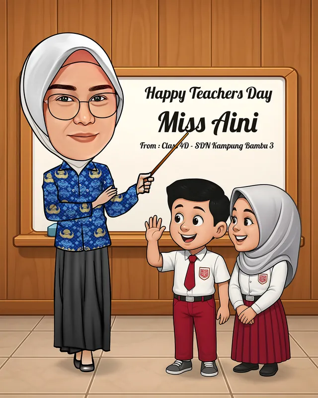 Karikatur guru perempuan berhijab putih dan berbatik biru berdiri menunjuk papan tulis dengan tongkat kayu, didampingi dua murid sekolah dasar berseragam putih merah yang berdiri sambil mengacungkan tangan, dengan latar dinding kayu dan papan tulis bertuliskan ucapan hari guru.